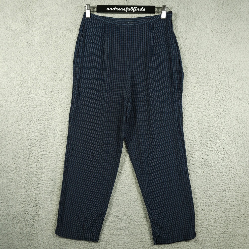 Vintage Talbots Pants Womens 8 Black Blue Windowpane Plaid High Rise Trousers